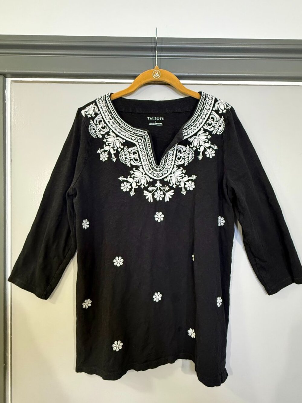 Talbots Black White Embroidered Split Neck Cotton Tunic Top Size L
